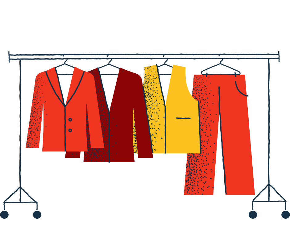 Illustration of a rack of clothes with two tops, a vest, and a pair of pants