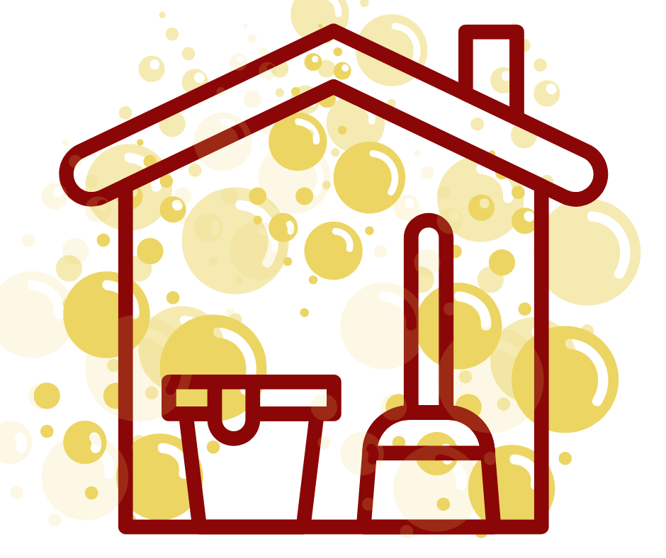 Illustration of a house with a bucket and mop, and bubbles in the background