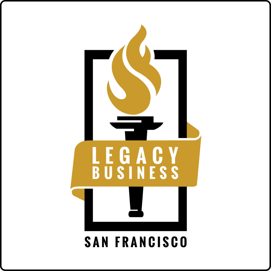 Gold flame made from an S and F with gold ribbon with white overlaid text: Legacy Business