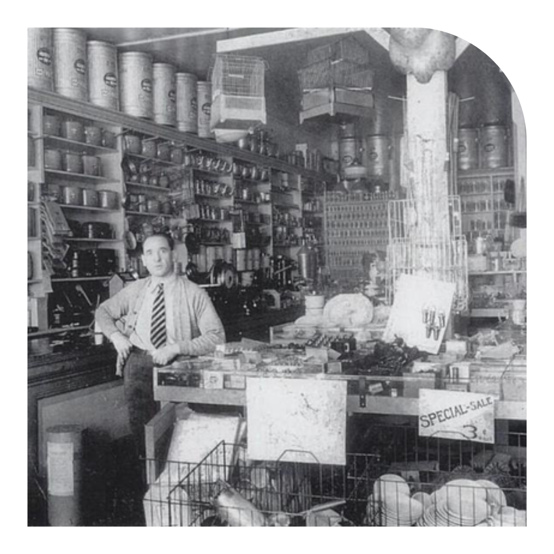 Archival B&W photo of the inside of the store