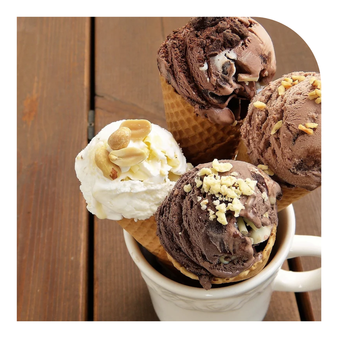 Overhead photo of four ice cream cones in a mug