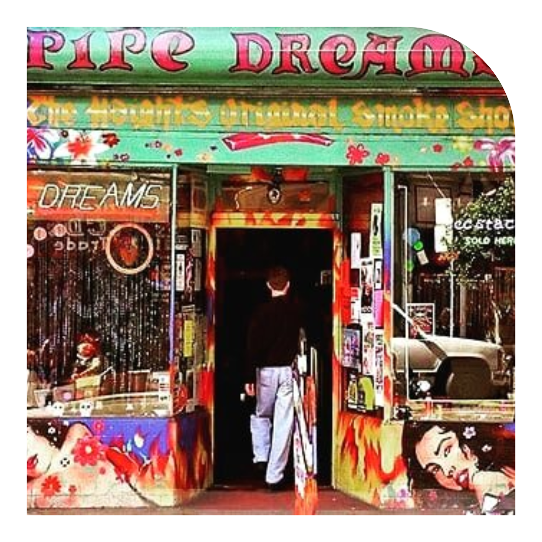 photo of the exterior of a colorful smoke shop