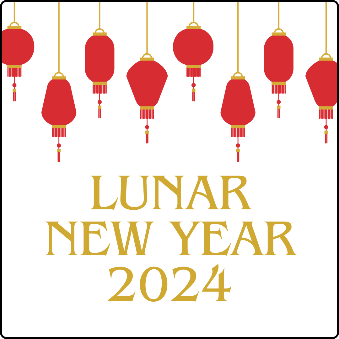 graphic that reads Lunar New Year 2024 with red lanterns at the top