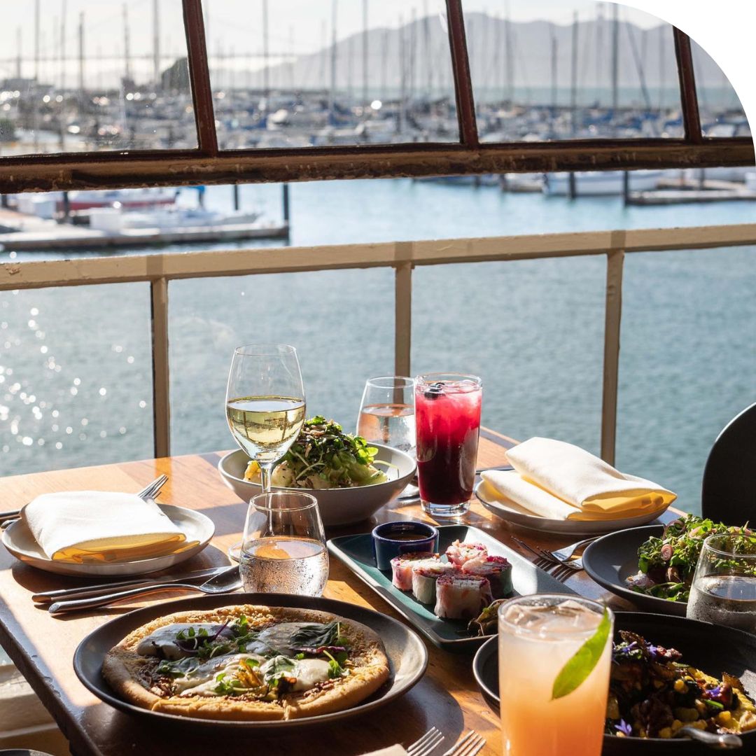 Food and a view of the bay at Greens Restaurant