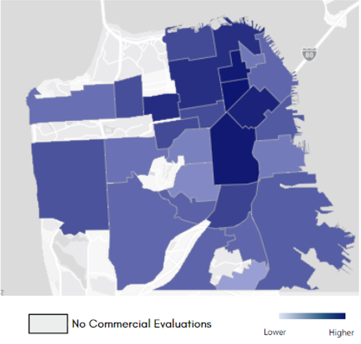 Map showing percent of evaluations with street litter by neighborhood.