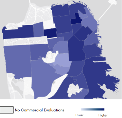 Map showing percent of evaluation routes with broken glass present by neighborhood.