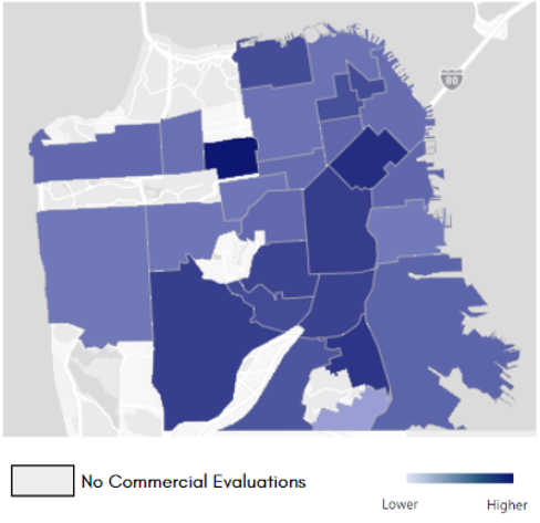Map showing percent of evaluations with sidewalk defects by neighborhood.