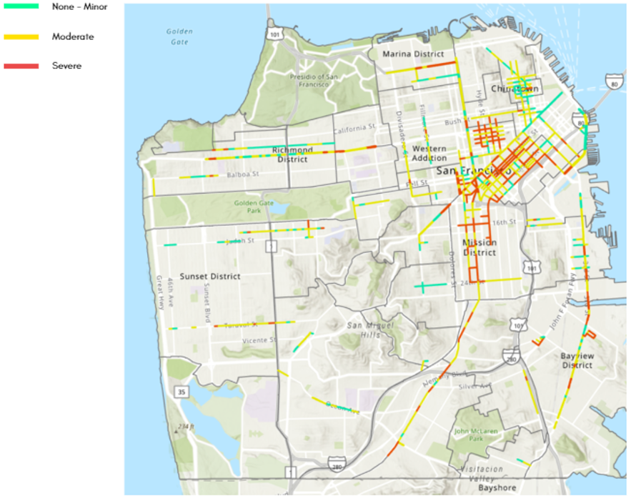 Map showing evaluation areas with varying levels of sidewalk litter