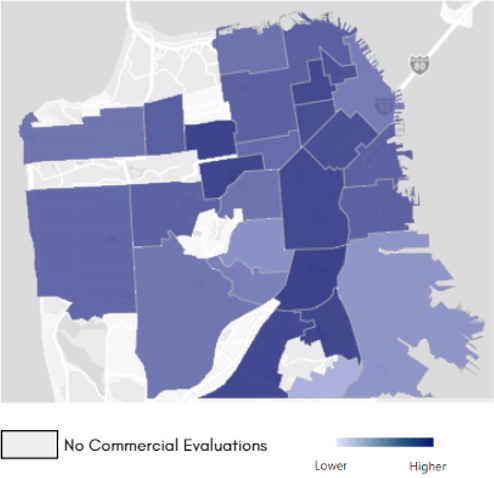 Map showing percent of evaluations with graffiti by neighborhood.