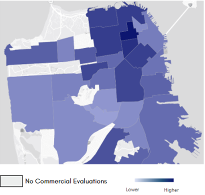 Map showing percent of evaluation routes with feces present by neighborhood.