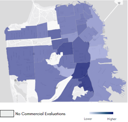 Map showing percent of evaluation routes with illegal dumping by neighborhood.