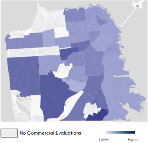 Map showing percent of evaluations with overflowing trash by neighborhood.