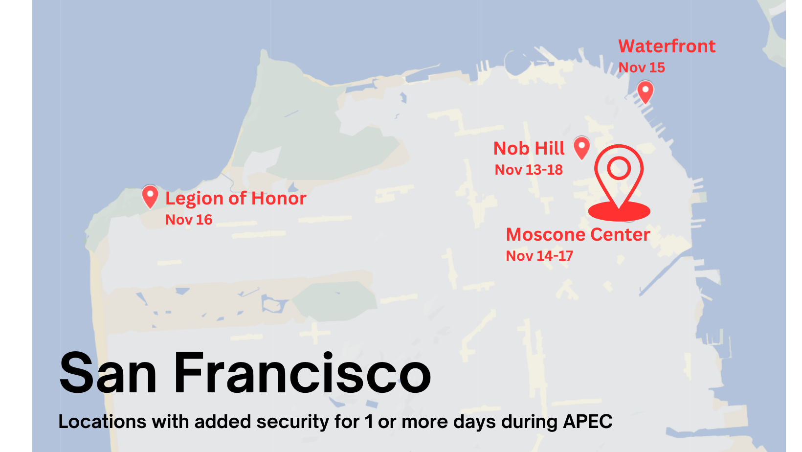 map of sf with APEC security areas marked in red