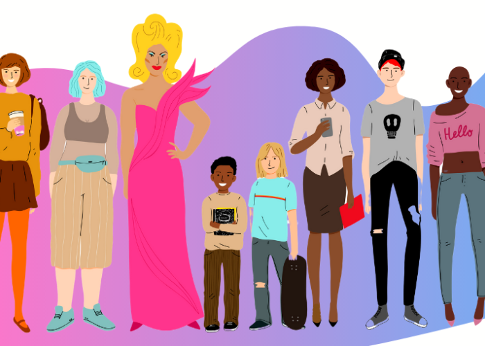 Illustration of diverse LGBTQ people in front of a blue and pink background