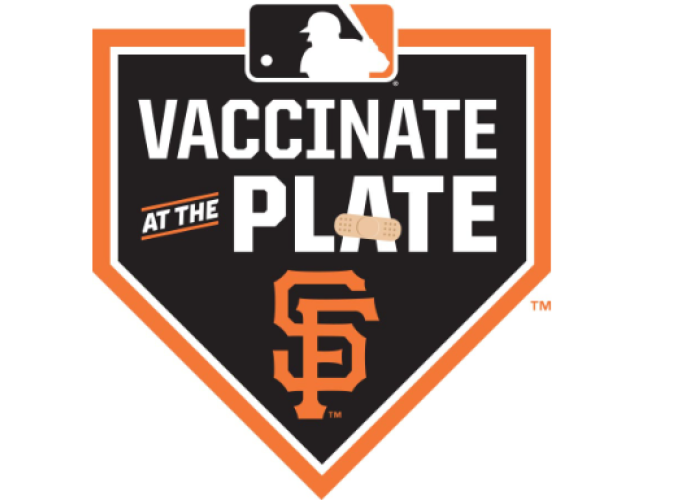 Graphic that combines the SF Giants logo with the tagline "Vaccinate at the Plate."