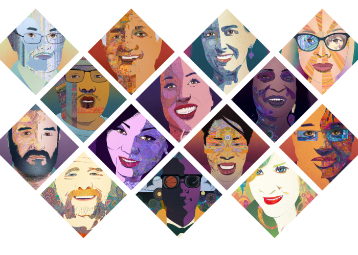 A collection of artistic renderings of the faces of oral history participants in the Treasure Island Community