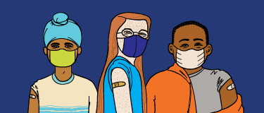 Illustration of 3 masked people sporting Band-Aids on their shoulders.