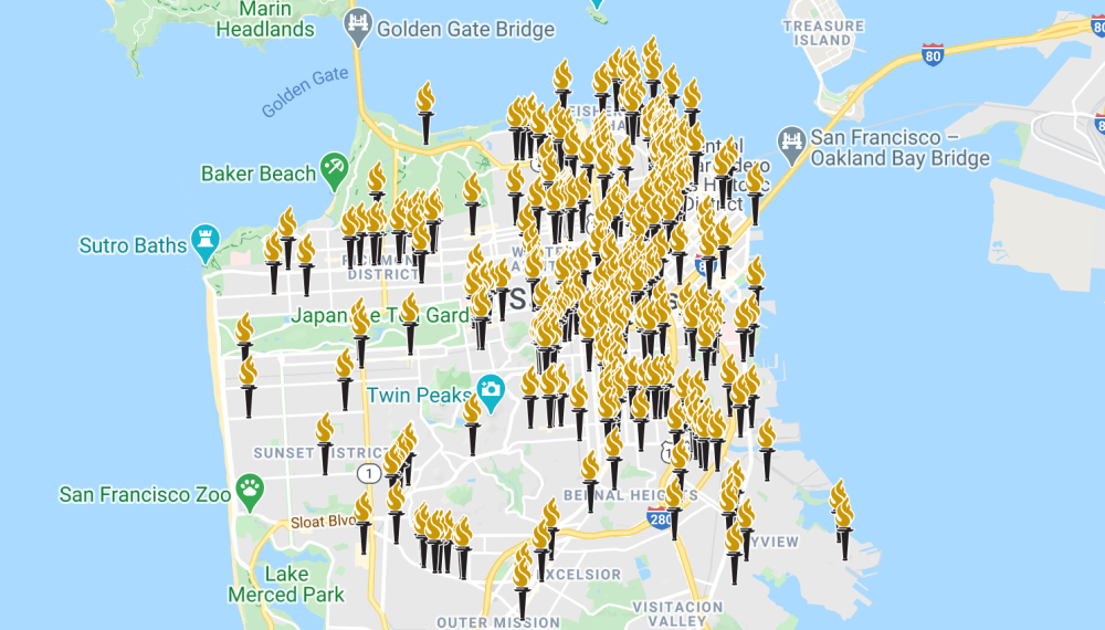 Mapa de San Francisco con un icono en la ubicación de cada negocio legado
