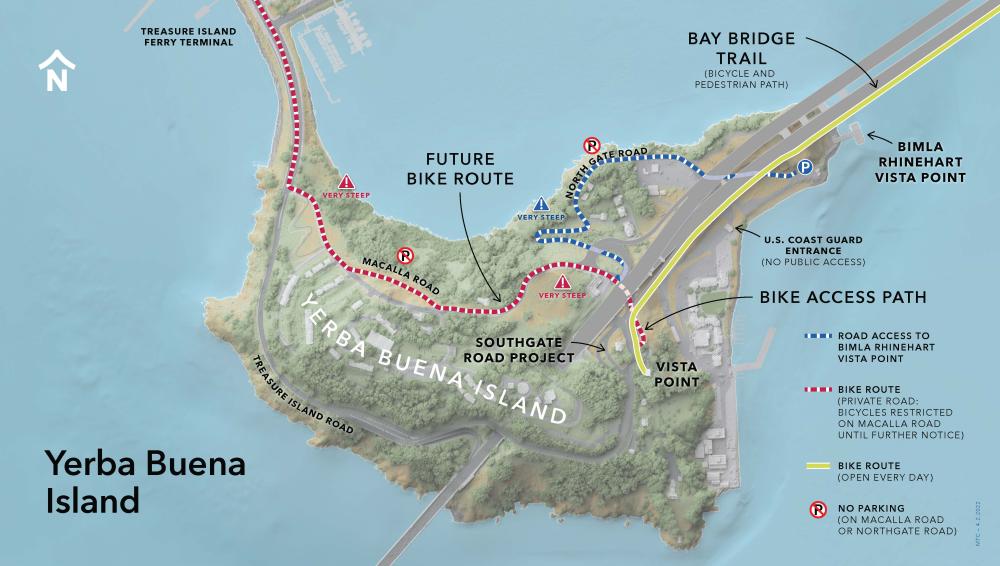 Map of Yerba Buena Island showing the various bicycle routes around the Island and the schedule of route openings.