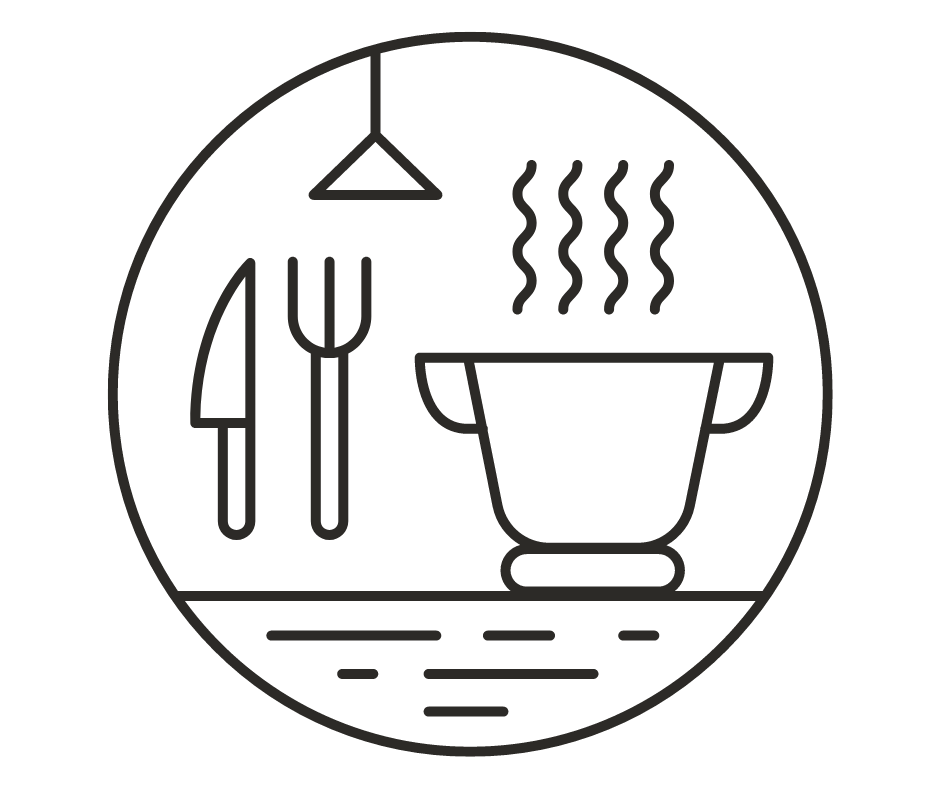 Black and white illustration of a knife, fork, pot with steam