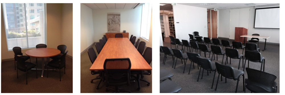 three pictures of a small meeting room, larger board room, and one seminar room with audience seating