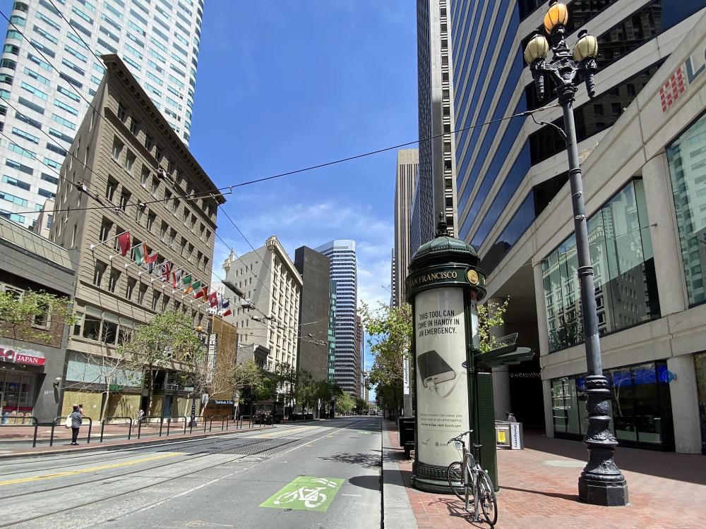 An empty Market Street in San Francisco’s Financial District on April 27, 2020, under the COVID-19 shelter-in-place order