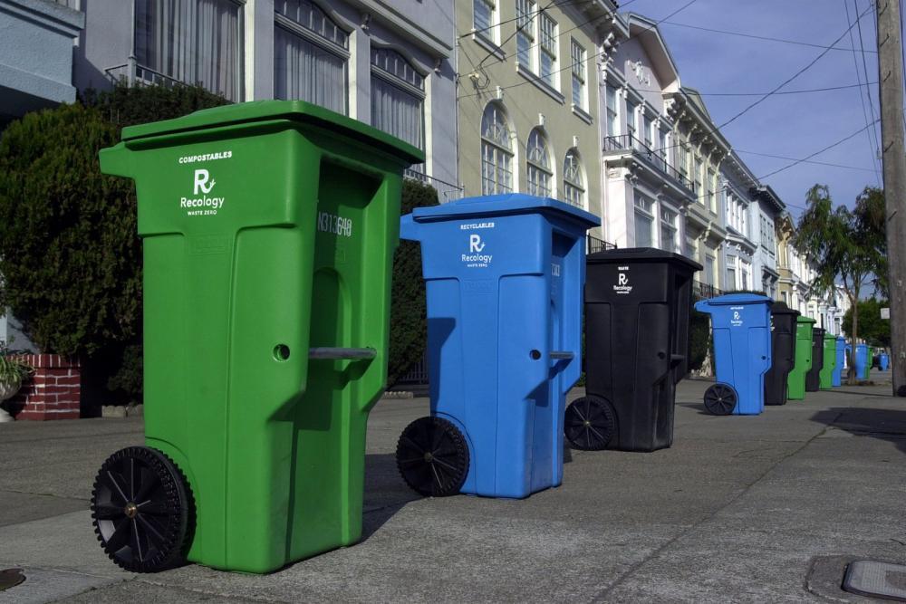 Green, Blue, and Black Recology refuse bins set out along a sidewalk for pickup