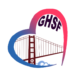 Illustration of the Golden Gate Bridge and initials GHSF, outlined by a blue and pink heart 