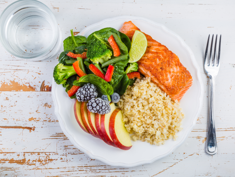 A meal plate showing divided food groups of grains, protein, fruit, vegetables, and dairy.