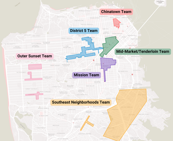 A map of San Francisco shows where each of the six Community Ambassador Teams operate. The teams work in the following neighborhoods: Bayview, Visitacion Valley, Portola, Chinatown, Haight-Ashbury, Lower Haight, Hayes Valley, Fillmore, Mid-Market/Tenderloin, Mission Outer Sunset 