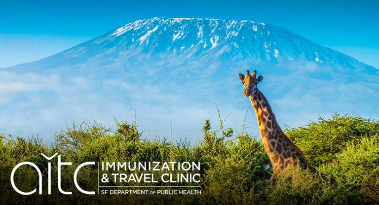 AITC clinic logo with a giraffe overlooking shrubs beneath a mountain