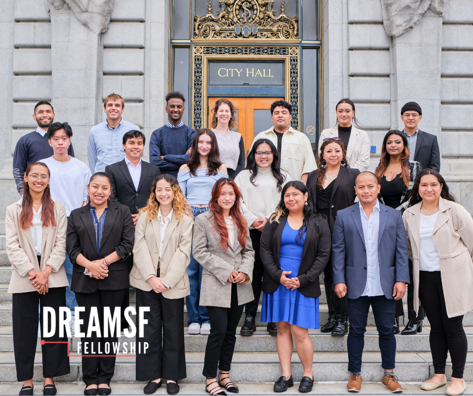 DreamSF Fellows smile and pose in a group picture outside of San Francisco City Hall