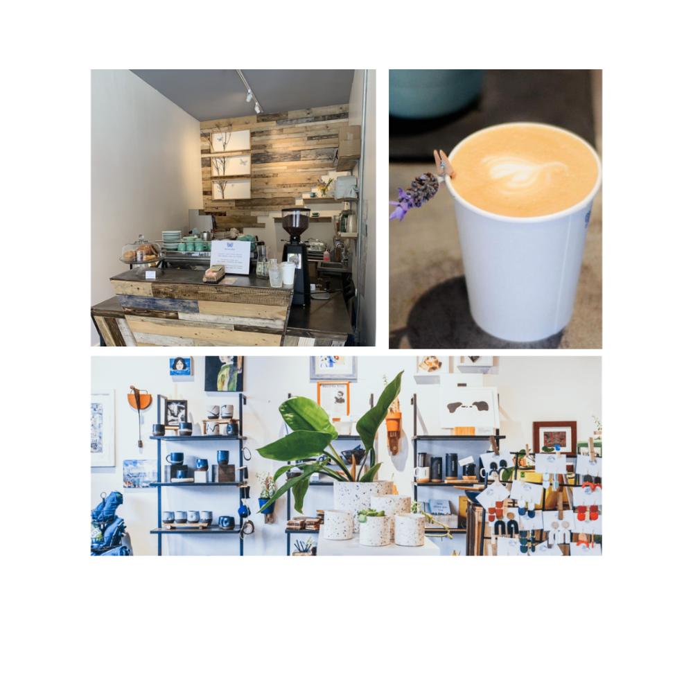 photo collage of a shop and cafe